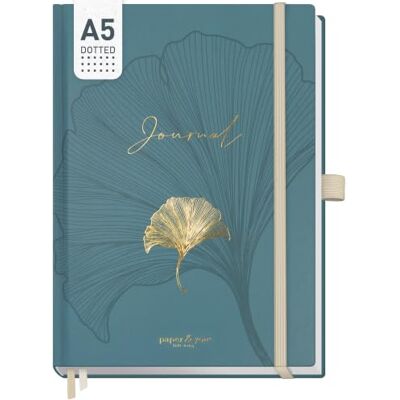 Häfft paper&you® Premium Journal A5 com pontos "Blue Ginkgo" 188 páginas numeradas com grade de pontos e papel de gramagem de 120 g/m², ideal para diários, listas e notas Häfft paper&you® Premium Journal A5 com pontos "Blue Ginkgo" 188 páginas numeradas com grade de pontos e papel de gramagem de 120 g/m², ideal para diários, listas e notas
