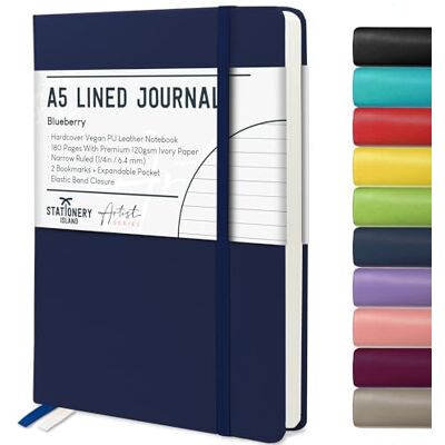 Stationery Island Caderno às riscas A5, capa rígida com forro de livro com papel grosso premium de 120 g/m², 180 páginas de capa dura com riscas para escrever, estudar, planear, azul escuro Stationery Island Caderno às riscas A5, capa rígida com forro de livro com papel grosso premium de 120 g/m², 180 páginas de capa dura com riscas para escrever, estudar, planear, azul escuro