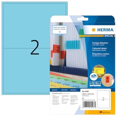 HERMA Lote de 40 etiquetas para tinta de impressora (199,6 x 143,5 mm), cor azul HERMA Lote de 40 etiquetas para tinta de impressora (199,6 x 143,5 mm), cor azul