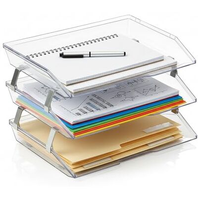 Acrimet Bandeja de 3 níveis para cartas/carga lateral A4, organizador de arquivos de mesa, plástico (cor vidro transparente) Acrimet Bandeja de 3 níveis para cartas/carga lateral A4, organizador de arquivos de mesa, plástico (cor vidro transparente)