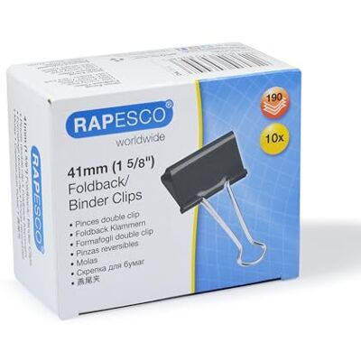 Rapesco Pinças/clipes de 41 mm com braços dobráveis, capacidade até 170 folhas, preto, embalagem de 10 Rapesco Pinças/clipes de 41 mm com braços dobráveis, capacidade até 170 folhas, preto, embalagem de 10