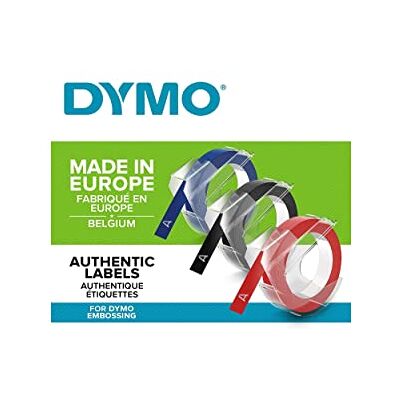 Dymo Etiquetas de estampagem 3D autênticas 9 mm x 3 m azul, preto e vermelho, autocolantes para etiquetadoras de estampagem, 3 rolos fabricado na Europa Dymo Etiquetas de estampagem 3D autênticas 9 mm x 3 m azul, preto e vermelho, autocolantes para etiquetadoras de estampagem, 3 rolos fabricado na Europa