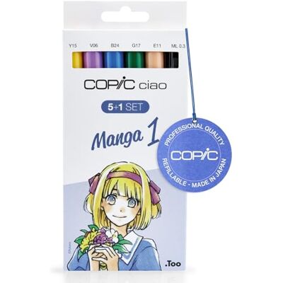 Copic Ciao 5+1 Set «Manga 1», 5 marcadores duplos com ponta média e ponta pincel, incl. Multiliner preto 0,3 mm Copic Ciao 5+1 Set «Manga 1», 5 marcadores duplos com ponta média e ponta pincel, incl. Multiliner preto 0,3 mm