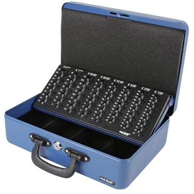 HMF Caixa de fluxo com chave e bandeja fixa para contar moedas em euros, caixa para dinheiro com 2 alças de transporte, 4 compartimentos para notas, espuma na tampa, 36 x 25 x 11 cm, azul HMF Caixa de fluxo com chave e bandeja fixa para contar moedas em euros, caixa para dinheiro com 2 alças de transporte, 4 compartimentos para notas, espuma na tampa, 36 x 25 x 11 cm, azul