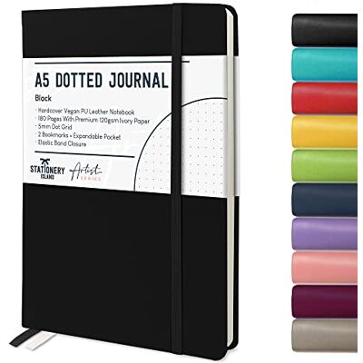 Stationery Island Caderno Pontilhado A5 Notebook Preto Caderno A5 Bullet Dotted Journal Pontos de Capa Dura Com 180 Páginas 120gsm Papel para Notas, Planeamento, Estudo, Viagens, Diário Stationery Island Caderno Pontilhado A5 Notebook Preto Caderno A5 Bullet Dotted Journal Pontos de Capa Dura Com 180 Páginas 120gsm Papel para Notas, Planeamento, Estudo, Viagens, Diário