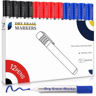 maxtek Marcadores para Quadro Branco, 12 Marcadores de Quadro Branco, Ponta Redonda 2-3 mm, Conjunto de Tinta de Baixo Odor em 3 Cores, Para o Lar, Escolas ou Escritório maxtek Marcadores para Quadro Branco, 12 Marcadores de Quadro Branco, Ponta Redonda 2-3 mm, Conjunto de Tinta de Baixo Odor em 3 Cores, Para o Lar, Escolas ou Escritório