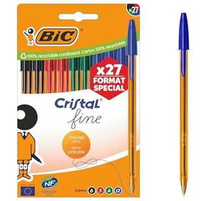 BIC Cristal Fine Canetas de Ponta Fina (0,80 mm) Cores de Tinta Sortidas, Caixa de Edição Especial de 27 BIC Cristal Fine Canetas de Ponta Fina (0,80 mm) Cores de Tinta Sortidas, Caixa de Edição Especial de 27