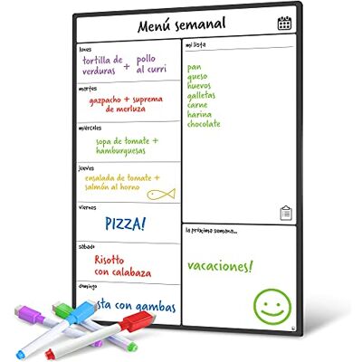 Panda Quadro Magnético para Frigorífico A3 – Planificador de Menu Semanal, Lista de Compras, Lembretes – Calendário Branco com 4 Marcadores – Em Espanhol Panda Quadro Magnético para Frigorífico A3 – Planificador de Menu Semanal, Lista de Compras, Lembretes – Calendário Branco com 4 Marcadores – Em Espanhol