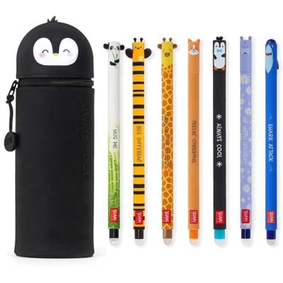 Legami Conjunto de 7 canetas de gel apagáveis estojo 2 em 1 de pinguim com tinta de apagamento termossensível, de tinta e desenhos de barril, ponta de 0,7 mm Legami Conjunto de 7 canetas de gel apagáveis estojo 2 em 1 de pinguim com tinta de apagamento termossensível, de tinta e desenhos de barril, ponta de 0,7 mm