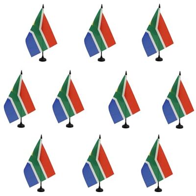 AZ FLAG Lote de 10 bandeiras de mesa da África do Sul, 21 x 14 cm, 10 pequenas bandeiras sul-africanas de escritório, 100% poliéster, com vala de 25 cm e base de plástico preto AZ FLAG Lote de 10 bandeiras de mesa da África do Sul, 21 x 14 cm, 10 pequenas bandeiras sul-africanas de escritório, 100% poliéster, com vala de 25 cm e base de plástico preto