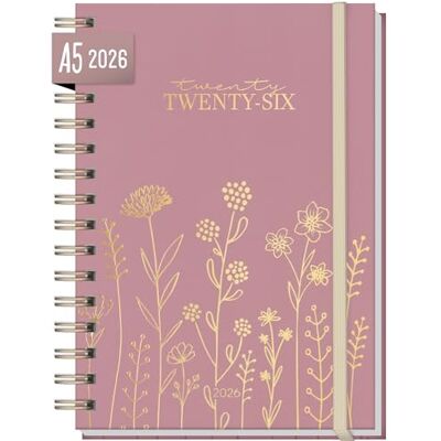 Häfft ® Calendário internacional 2026 A5 "Fine Flowers rosé" com encadernação em espiral: EN/FR/IT/ES organizador, planificador de vida sustentável e ecológico Häfft ® Calendário internacional 2026 A5 "Fine Flowers rosé" com encadernação em espiral: EN/FR/IT/ES organizador, planificador de vida sustentável e ecológico