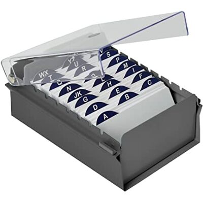 Acrimet Porta cartão 3" x 5", organizador de fichas, base de metal resistente (inclui índice AZ e um divisor de plástico) (base cinzenta e tampa de plástico transparente) Acrimet Porta cartão 3" x 5", organizador de fichas, base de metal resistente (inclui índice AZ e um divisor de plástico) (base cinzenta e tampa de plástico transparente)