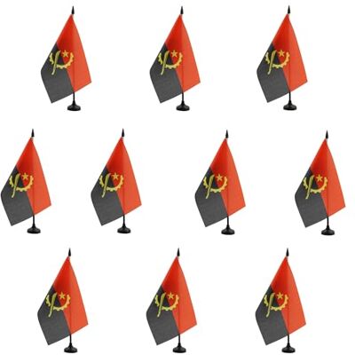 AZ FLAG Lote de 10 bandeiras de mesa de Angola (21 x 14 cm, 10 bandeiras pequenas de Angola, 100% poliéster, com vala de 25 cm e base de plástico preto AZ FLAG Lote de 10 bandeiras de mesa de Angola (21 x 14 cm, 10 bandeiras pequenas de Angola, 100% poliéster, com vala de 25 cm e base de plástico preto