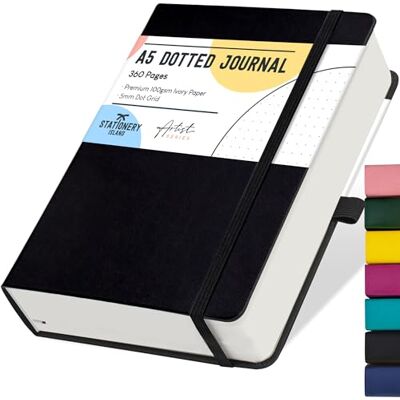Stationery Island Caderno pontilhado A5, Bullet Dotted Journal de papel com pontos de 100 g/m², 360 páginas, livro A5 de capa rígida com suporte para lápis e bolso interior e 2 marcadores de páginas Stationery Island Caderno pontilhado A5, Bullet Dotted Journal de papel com pontos de 100 g/m², 360 páginas, livro A5 de capa rígida com suporte para lápis e bolso interior e 2 marcadores de páginas