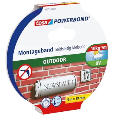tesa Powerbond Fita dupla face OUTDOOR, fita de montagem para exteriores, resistente a raios UV, água e temperatura, suporta até 1 kg por cada 10 cm de fita, 5 m x 19 mm tesa Powerbond Fita dupla face OUTDOOR, fita de montagem para exteriores, resistente a raios UV, água e temperatura, suporta até 1 kg por cada 10 cm de fita, 5 m x 19 mm