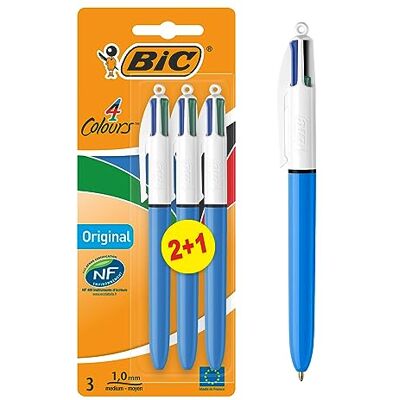 BIC 4 Cores canetas esferográficas retráteis, original, cores sortidas, ponta média (1,0 mm), blister de 3 canetas, cor azul BIC 4 Cores canetas esferográficas retráteis, original, cores sortidas, ponta média (1,0 mm), blister de 3 canetas, cor azul