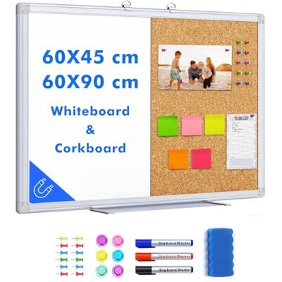 maxtek Quadro Branco com Cortiça 60 x 45 cm, Quadro Magnético apagável a Seco com Moldura de Alumínio, Quadro de Mensagens para Pendurar na Parede para Casa, Escritório, Cozinha e Escola maxtek Quadro Branco com Cortiça 60 x 45 cm, Quadro Magnético apagável a Seco com Moldura de Alumínio, Quadro de Mensagens para Pendurar na Parede para Casa, Escritório, Cozinha e Escola