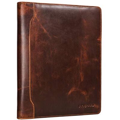 STILORD Vintage Portfólio de couro acessórios com anéis para conferências mala DIN A4 com fecho de correr de pele autêntica Cor: Kara Cognac STILORD Vintage Portfólio de couro acessórios com anéis para conferências mala DIN A4 com fecho de correr de pele autêntica Cor: Kara Cognac