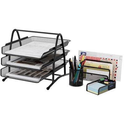 EasyPAG 4 Peças de Metal em Malha para Escritório com 3 Níveis A4 Bandeja de Secretária, Armazenamento de Papéis, Classificador de Correio, Organizador de Canetas, Suporte de Notas, Estante de Cartas EasyPAG 4 Peças de Metal em Malha para Escritório com 3 Níveis A4 Bandeja de Secretária, Armazenamento de Papéis, Classificador de Correio, Organizador de Canetas, Suporte de Notas, Estante de Cartas