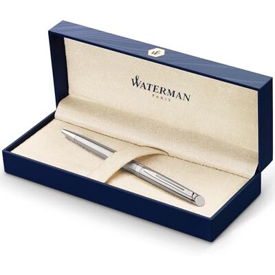 Waterman Hémisphère caneta de tinta permanente em aço inoxidável com acabamento cromado, ponta média com cartucho de tinta azul, estojo de oferta Waterman Hémisphère caneta de tinta permanente em aço inoxidável com acabamento cromado, ponta média com cartucho de tinta azul, estojo de oferta