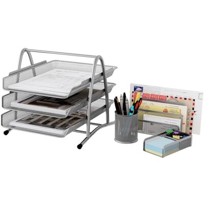 EasyPAG 4 Peças de Metal em Malha para Escritório com 3 Níveis A4, Bandeja para Escritório, Armazenamento de Papéis, Classificador de Correio, Organizador de Canetas, Suporte para Notas, Prata EasyPAG 4 Peças de Metal em Malha para Escritório com 3 Níveis A4, Bandeja para Escritório, Armazenamento de Papéis, Classificador de Correio, Organizador de Canetas, Suporte para Notas, Prata