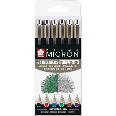 SAKURA Pigma Micron 01 Estojo de pontafinas 6 cores 0,25 mm Marcadores tinta permanente resistente à água para artistas e designers SAKURA Pigma Micron 01 Estojo de pontafinas 6 cores 0,25 mm Marcadores tinta permanente resistente à água para artistas e designers