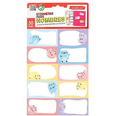 Starplast Pacote de 30 etiquetas escolares etiquetas adesivas, 75 x 45 mm, com desenhos, cores básicas, para assuntos, a escola ou as suas notas design 3 Starplast Pacote de 30 etiquetas escolares etiquetas adesivas, 75 x 45 mm, com desenhos, cores básicas, para assuntos, a escola ou as suas notas design 3