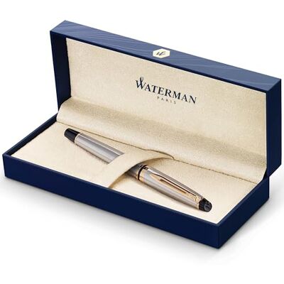 Waterman Expert marcador roller em aço inoxidável com adorno de ouro de 23 quilates, ponta fina com cartucho de tinta preta, estuche de presente Waterman Expert marcador roller em aço inoxidável com adorno de ouro de 23 quilates, ponta fina com cartucho de tinta preta, estuche de presente