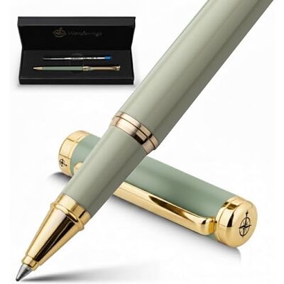 WANDERINGS Caneta Rollerball Premium com tinta alemã, escrita excelente, 24 K banhado a ouro verde, verde sálvia, inclui uma substituição Schmidt num estojo de apresentação para presente WANDERINGS Caneta Rollerball Premium com tinta alemã, escrita excelente, 24 K banhado a ouro verde, verde sálvia, inclui uma substituição Schmidt num estojo de apresentação para presente