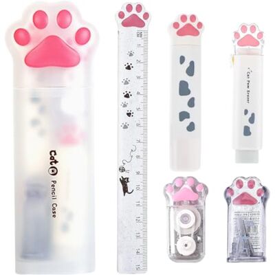 VorPrillynt Conjunto de papelaria de gato, conjunto de papelaria com patinhas de gato, estojo para lápis régua correção fita ponto cola borracha de apagar lápis para escritório, casa (branco) VorPrillynt Conjunto de papelaria de gato, conjunto de papelaria com patinhas de gato, estojo para lápis régua correção fita ponto cola borracha de apagar lápis para escritório, casa (branco)