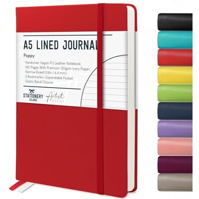 Stationery Island Caderno às riscas A5, capa rígida com forro de livro com papel grosso premium de 120 g/m², 180 páginas de capa dura com riscas para escrever, estudar, planejar, vermelho Stationery Island Caderno às riscas A5, capa rígida com forro de livro com papel grosso premium de 120 g/m², 180 páginas de capa dura com riscas para escrever, estudar, planejar, vermelho