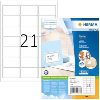 HERMA _ A4, 63,5 x 38,1 mm, conjunto de 2100 etiquetas de endereço, A4, 63,5 x 38,1 mm, cor branca HERMA _ A4, 63,5 x 38,1 mm, conjunto de 2100 etiquetas de endereço, A4, 63,5 x 38,1 mm, cor branca