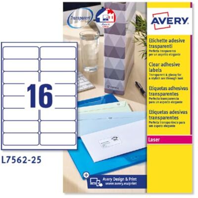 Avery Espanha Etiquetas adesivas transparentes brilhantes, 25 folhas A4, retangulares 99,1 x 33,9 mm, 16 etiquetas por folha, adesivo permanente, impressoras laser Avery Espanha Etiquetas adesivas transparentes brilhantes, 25 folhas A4, retangulares 99,1 x 33,9 mm, 16 etiquetas por folha, adesivo permanente, impressoras laser