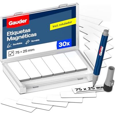 GAUDER Etiquetas magnéticas reutilizáveis, ímans para escrever para quadro branco, placa Kanban, frigorífico e muito mais, cartões magnéticos com marcador, 30 unidades, 75 x 25 mm GAUDER Etiquetas magnéticas reutilizáveis, ímans para escrever para quadro branco, placa Kanban, frigorífico e muito mais, cartões magnéticos com marcador, 30 unidades, 75 x 25 mm