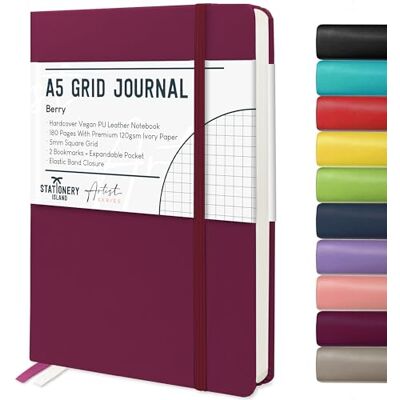 Stationery Island Caderno Quadriculado A5, Capa Dura de Papel Quadriculado de Caderno com Papel Grosso Premium de 120 g/m², Caderno de Quadrícula de 180 Páginas Para Estudar, Planificar, Diário Stationery Island Caderno Quadriculado A5, Capa Dura de Papel Quadriculado de Caderno com Papel Grosso Premium de 120 g/m², Caderno de Quadrícula de 180 Páginas Para Estudar, Planificar, Diário