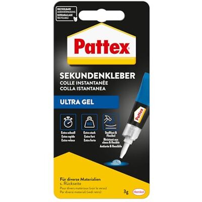 Pattex Adesivo instantâneo Ultra Gel, super cola extra forte e flexível de 3 g, cola de reparação resistente a choques e à água com consistência de gel para borracha, couro, madeira Pattex Adesivo instantâneo Ultra Gel, super cola extra forte e flexível de 3 g, cola de reparação resistente a choques e à água com consistência de gel para borracha, couro, madeira