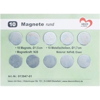 Ideen mit Herz Mini ímanes redondos, 10 unidades, pequenos ímanes planos para trabalhos manuais, diâmetro de 1,5 cm, 10 discos de metal, contrapartes de 1,7 cm de diâmetro Ideen mit Herz Mini ímanes redondos, 10 unidades, pequenos ímanes planos para trabalhos manuais, diâmetro de 1,5 cm, 10 discos de metal, contrapartes de 1,7 cm de diâmetro