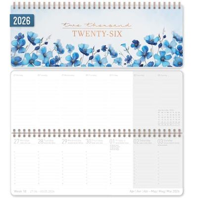 Häfft ® Calendário de secretária semanal internacional 2026 horizontal "Blue Blossoms" 1 semana 2 páginas, 29,8 x 11,6 cm, multilíngue sustentável e respeitador do clima Häfft ® Calendário de secretária semanal internacional 2026 horizontal "Blue Blossoms" 1 semana 2 páginas, 29,8 x 11,6 cm, multilíngue sustentável e respeitador do clima