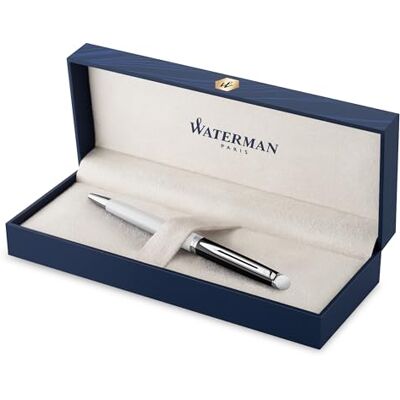 Waterman Caneta Hémisphère lacada preto e branco com adornos de paládio ponta média estojo de presente Waterman Caneta Hémisphère lacada preto e branco com adornos de paládio ponta média estojo de presente
