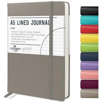 Stationery Island Caderno às riscas A5, capa rígida com forro de livro com papel grosso premium de 120 g/m², 180 páginas de capa dura com riscas para escrever, estudar, planejar, cinzento Stationery Island Caderno às riscas A5, capa rígida com forro de livro com papel grosso premium de 120 g/m², 180 páginas de capa dura com riscas para escrever, estudar, planejar, cinzento
