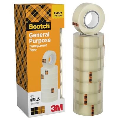 Scotch Fita adesiva transparente 8 rolos 19 mm x 33 m fita adesiva para uso geral para a escola, a casa e o escritório Scotch Fita adesiva transparente 8 rolos 19 mm x 33 m fita adesiva para uso geral para a escola, a casa e o escritório