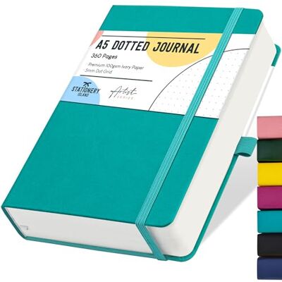 Stationery Island Caderno pontilhado A5, Bullet Dotted Journal de papel com pontos de 100 g/m², 360 páginas, livro A5 de capa rígida com suporte para lápis e bolso interior e 2 marcadores de páginas Stationery Island Caderno pontilhado A5, Bullet Dotted Journal de papel com pontos de 100 g/m², 360 páginas, livro A5 de capa rígida com suporte para lápis e bolso interior e 2 marcadores de páginas