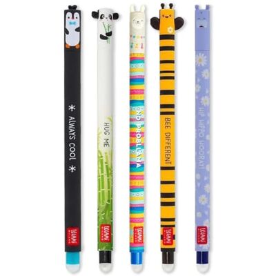 Legami Conjunto de 5 canetas de gel apagáveis com tinta de apagamento termossensível, de tinta e desenhos de barril, ponta de 0,7 mm, pinguim, panda, lhama, abelha e hipopótamo Legami Conjunto de 5 canetas de gel apagáveis com tinta de apagamento termossensível, de tinta e desenhos de barril, ponta de 0,7 mm, pinguim, panda, lhama, abelha e hipopótamo