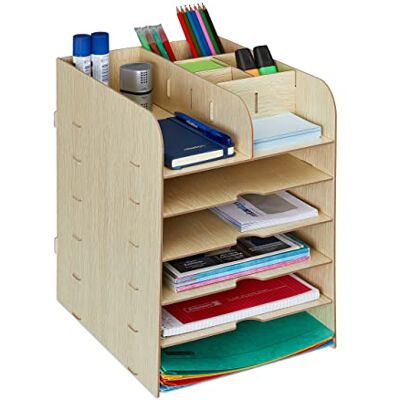 Relaxdays Organizador de secretária com bandejas de documentos, 12 compartimentos, 34,5 x 25 x 32 cm, MDF, castanho claro Relaxdays Organizador de secretária com bandejas de documentos, 12 compartimentos, 34,5 x 25 x 32 cm, MDF, castanho claro