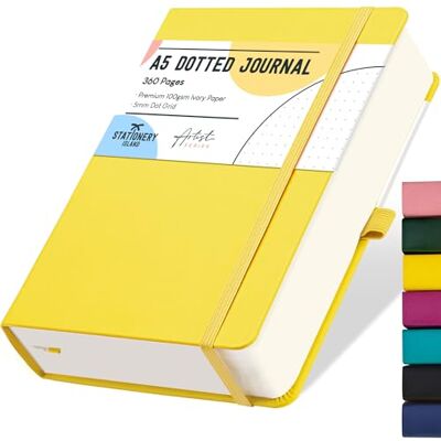 Stationery Island Caderno pontilhado A5, Bullet Dotted Journal de papel com pontos de 100 g/m², 360 páginas, livro A5 de capa rígida com suporte para lápis e bolso interior e 2 marcadores de páginas Stationery Island Caderno pontilhado A5, Bullet Dotted Journal de papel com pontos de 100 g/m², 360 páginas, livro A5 de capa rígida com suporte para lápis e bolso interior e 2 marcadores de páginas