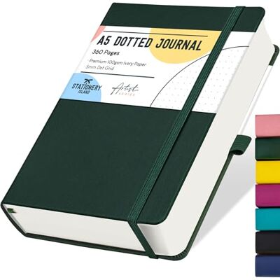 Stationery Island Caderno pontilhado A5, Bullet Dotted Journal de papel com pontos de 100 g/m², 360 páginas, livro A5 de capa rígida com suporte para lápis e bolso interior e 2 marcadores de páginas Stationery Island Caderno pontilhado A5, Bullet Dotted Journal de papel com pontos de 100 g/m², 360 páginas, livro A5 de capa rígida com suporte para lápis e bolso interior e 2 marcadores de páginas