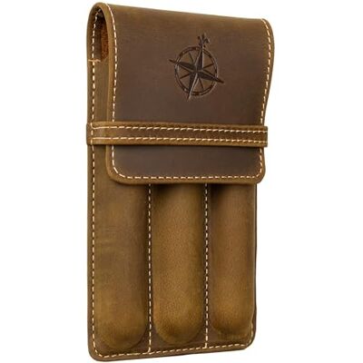 WANDERINGS Estojo de couro vintage para 3 canetas capa castanha feita à mão compartimentos individuais de couro para penas estilógrafas, rolo e bolinhas, porta-canetas para WANDERINGS Estojo de couro vintage para 3 canetas capa castanha feita à mão compartimentos individuais de couro para penas estilógrafas, rolo e bolinhas, porta-canetas para