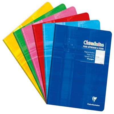 Clairefontaine Un cahier d'écriture piqué "clairenfantine" 32 páginas 17 x 22 cm 90 g grands carreaux 3 mm 12/12, couverture carte pelliculée couleur aléatoire Clairefontaine Un cahier d'écriture piqué "clairenfantine" 32 páginas 17 x 22 cm 90 g grands carreaux 3 mm 12/12, couverture carte pelliculée couleur aléatoire