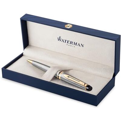 Waterman Expert caneta de aço inoxidável com adorno de ouro de 23 quilates, ponta média com cartucho de tinta azul, estojo de presente Waterman Expert caneta de aço inoxidável com adorno de ouro de 23 quilates, ponta média com cartucho de tinta azul, estojo de presente