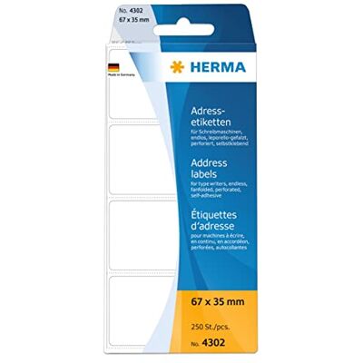 HERMA Etiquetas de direção para máquinas de escrever, contínuo, 67 x 35 mm, 250 unidades, cor branca HERMA Etiquetas de direção para máquinas de escrever, contínuo, 67 x 35 mm, 250 unidades, cor branca